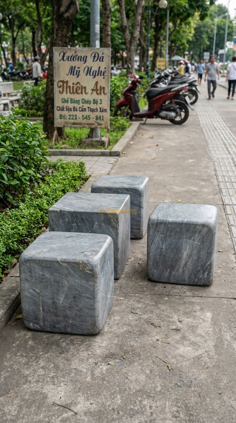 Ghế Băng Ghép Bộ Bàn Ghế đá 3, Chất Liệu đá Cẩm Thạch Xám, Kiểu Dáng bộ Gồm 3 Khối Vuông Rời Ghép Lại Hoặc Để Tách Rời Mỗi Khối: 40Cm x 40Cm x 45Cm. Mỗi Khối: 40Cm x 40Cm x 45Cm