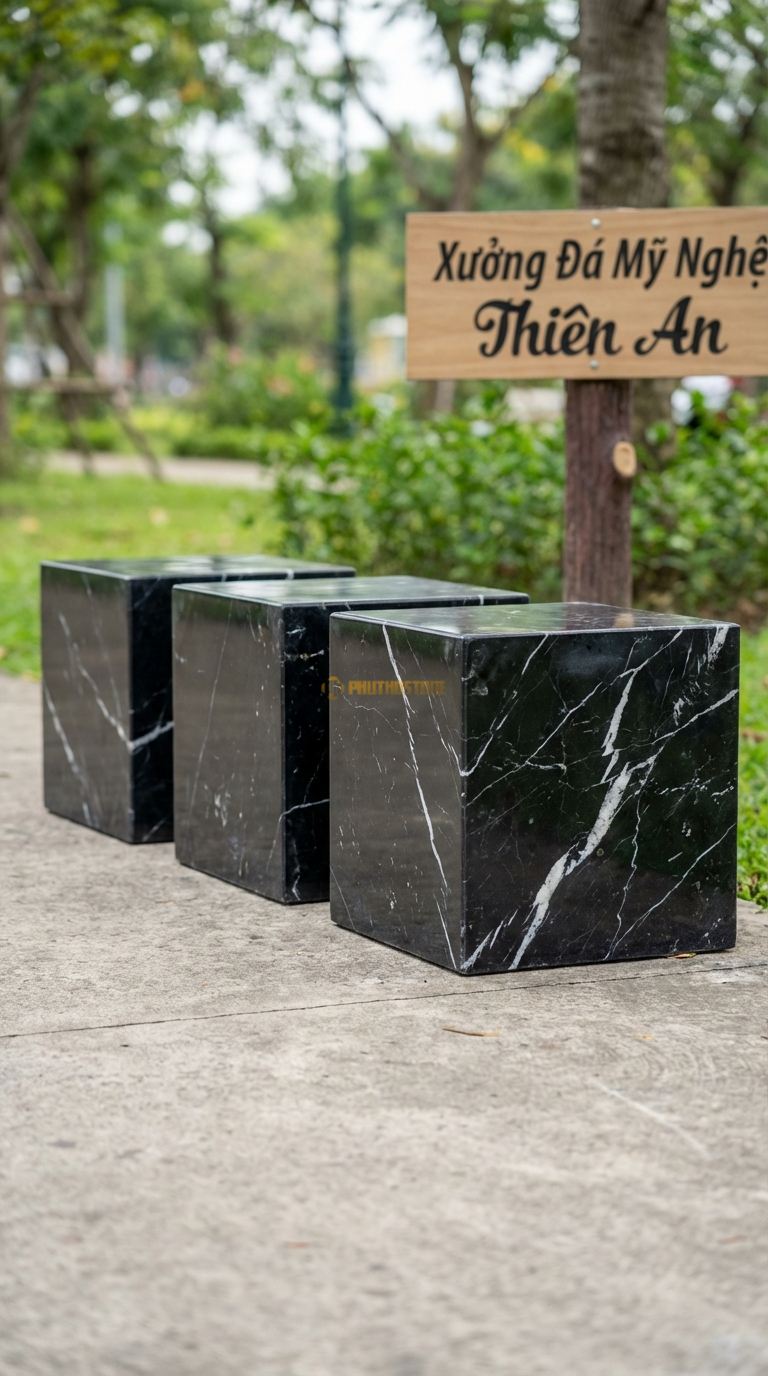 Ghế Băng Ghép Bộ Bàn Ghế đá 3, Chất Liệu đá Đen Tia Chớp, Kiểu Dáng bộ Gồm 3 Khối Vuông Rời Ghép Lại Hoặc Để Tách Rời Mỗi Khối: 40Cm x 40Cm x 45Cm. Mỗi Khối: 40Cm x 40Cm x 45Cm