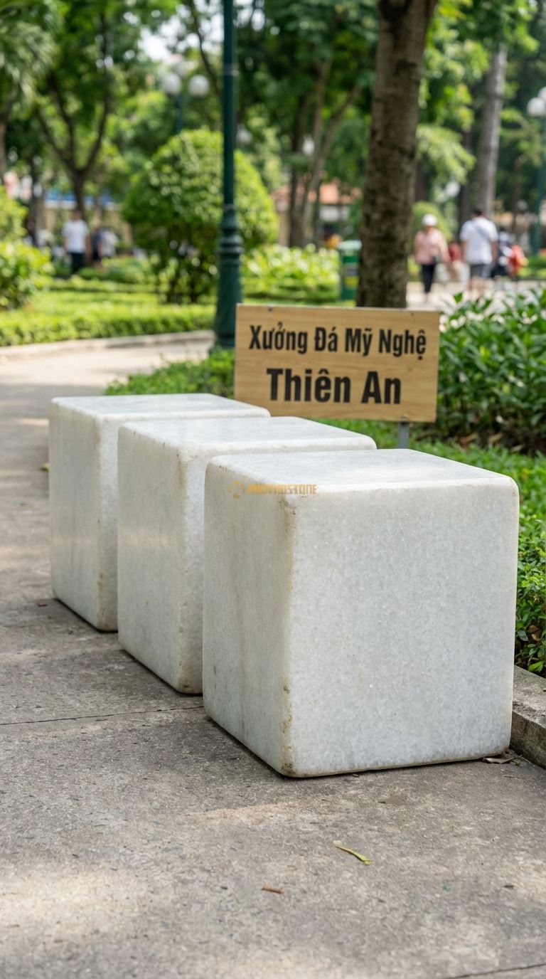 Ghế Băng Ghép Bộ Bàn Ghế đá 3, Chất Liệu đá Trắng Muối, Kiểu Dáng bộ Gồm 3 Khối Vuông Rời Ghép Lại Hoặc Để Tách Rời Mỗi Khối: 40Cm x 40Cm x 45Cm. Mỗi Khối: 40Cm x 40Cm x 45Cm