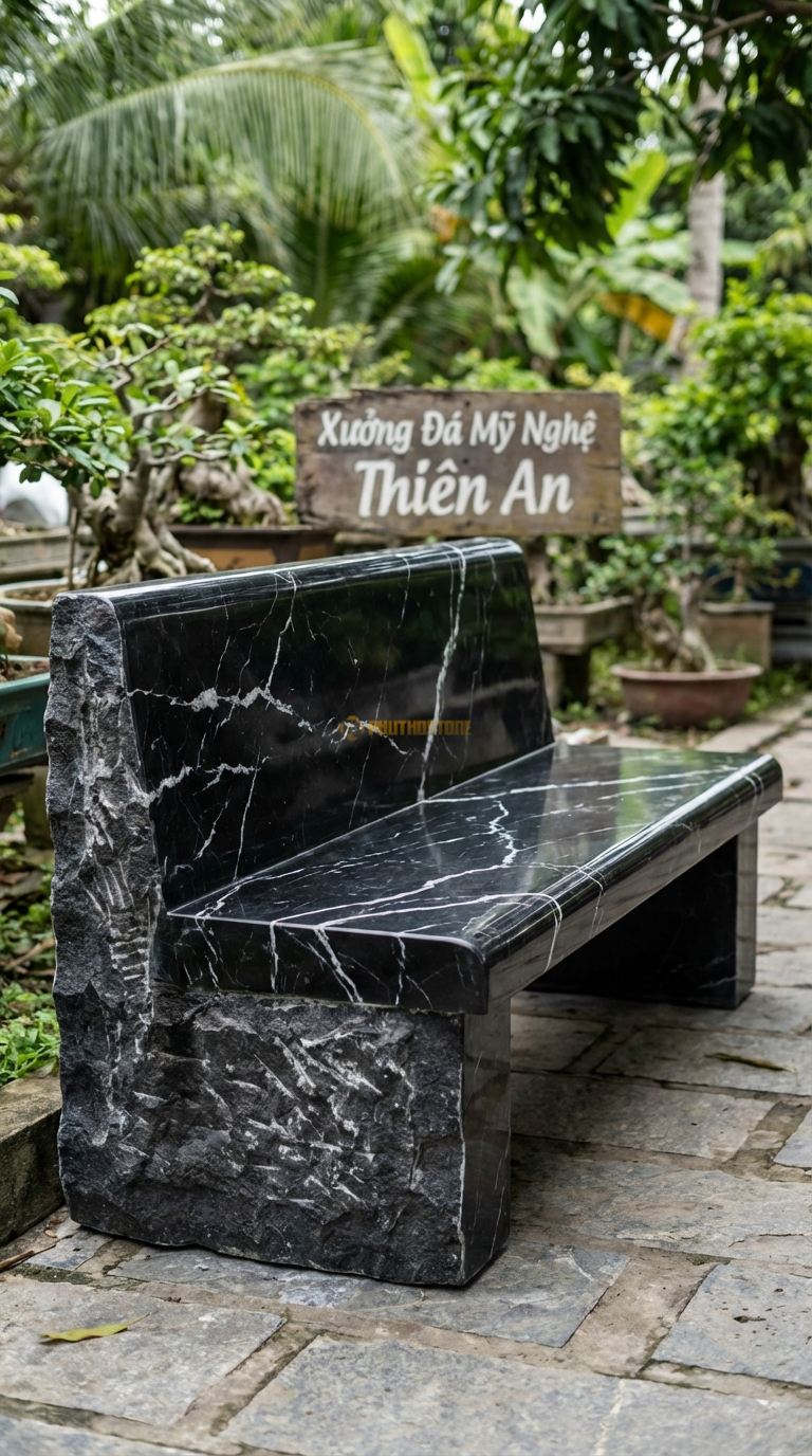 Ghế Băng Tựa Nguyên Khối, Chất Liệu đá Đen Tia Chớp, Kiểu Dáng cả Mặt Ngồi Và Tựa Lưng Là Một Tảng đá Nguyên Khối Đục Đẽo, Dáng Tự Nhiên Sần Sùi. Dài: 150 Cm x Rộng: 60 Cm. Dài: 150 Cm x Rộng: 60 Cm.