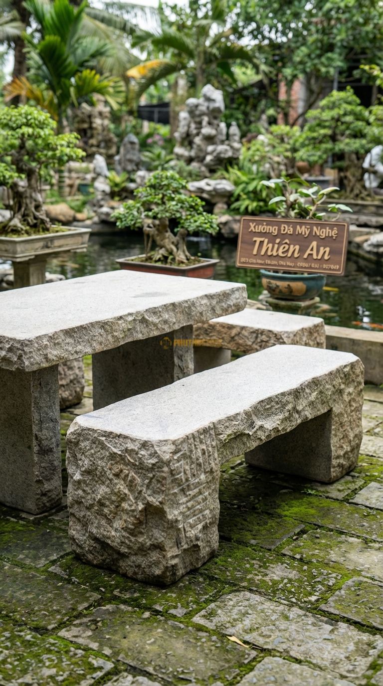Ghế Băng Tựa Nguyên Khối, Chất Liệu đá Granite, Kiểu Dáng cả Mặt Ngồi Và Tựa Lưng Là Một Tảng đá Nguyên Khối Đục Đẽo, Dáng Tự Nhiên Sần Sùi. Dài: 150 Cm x Rộng: 60 Cm. Dài: 150 Cm x Rộng: 60 Cm.