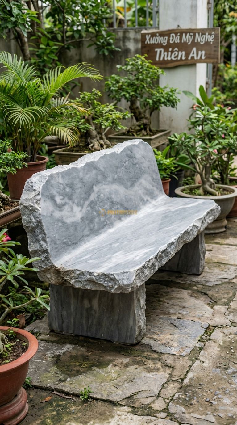 Ghế Băng Tựa Nguyên Khối, Chất Liệu đá Xám Vân Mây, Kiểu Dáng cả Mặt Ngồi Và Tựa Lưng Là Một Tảng đá Nguyên Khối Đục Đẽo, Dáng Tự Nhiên Sần Sùi. Dài: 150 Cm x Rộng: 60 Cm. Dài: 150 Cm x Rộng: 60 Cm.