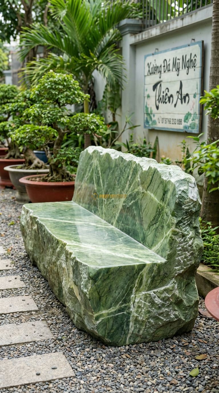 Ghế Băng Tựa Nguyên Khối, Chất Liệu đá Xanh Ấn, Kiểu Dáng cả Mặt Ngồi Và Tựa Lưng Là Một Tảng đá Nguyên Khối Đục Đẽo, Dáng Tự Nhiên Sần Sùi. Dài: 150 Cm x Rộng: 60 Cm. Dài: 150 Cm x Rộng: 60 Cm.