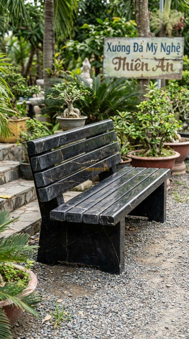 Ghế đá Công Viên (Luxury), Chất Liệu đá Đen Chỉ Nâu, Kiểu Dáng Kiểu Dáng Ghế Công Viên Kinh Điển Nhưng Làm Từ đá Marble/Granite Nguyên Khối Mài Bóng. Dài: 120 Cm x Rộng: 50 Cm. Dài: 120 Cm x Rộng: 50 Cm.