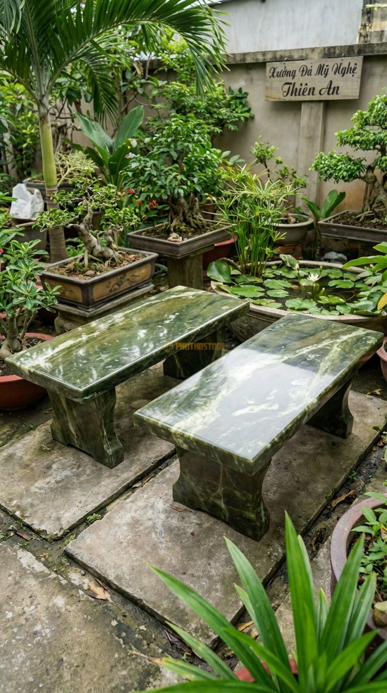 Ghế đá Công Viên (Luxury), Chất Liệu đá Serpentine, Kiểu Dáng Kiểu Dáng Ghế Công Viên Kinh Điển Nhưng Làm Từ đá Marble/Granite Nguyên Khối Mài Bóng. Dài: 120 Cm x Rộng: 50 Cm. Dài: 120 Cm x Rộng: 50 Cm.