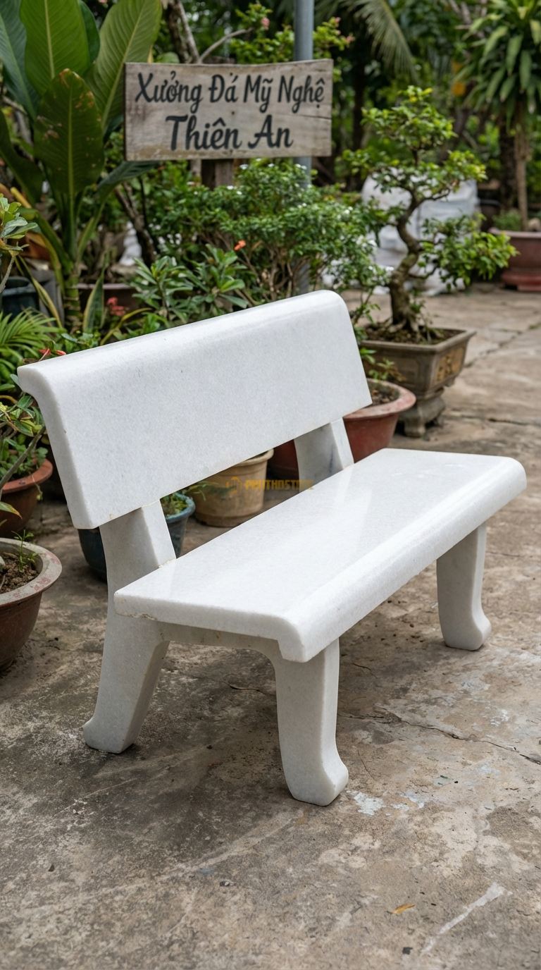 Ghế đá Công Viên (Luxury), Chất Liệu đá Trắng Muối, Kiểu Dáng Kiểu Dáng Ghế Công Viên Kinh Điển Nhưng Làm Từ đá Marble/Granite Nguyên Khối Mài Bóng. Dài: 120 Cm x Rộng: 50 Cm. Dài: 120 Cm x Rộng: 50 Cm.