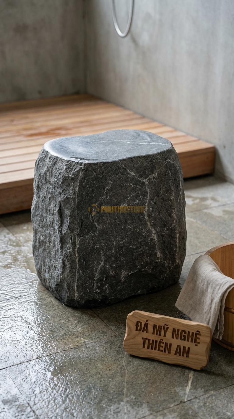 Ghế Đá Đen Chỉ Nâu Đá Chân Cong Thiết Kế Hiện Đại Với Phần Chân Khoét Vòm 40cm x 30cm x H42cm