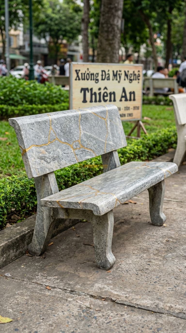 Ghế đá Nứt Nghệ Thuật, Chất Liệu đá Cẩm Thạch Xám, Kiểu Dáng xử Lý Các Đường Nứt Tự Nhiên Thành Điểm Nhấn Thẩm Mỹ (Kintsugi) 140Cm x 50Cm x 45Cm. 140Cm x 50Cm x 45Cm