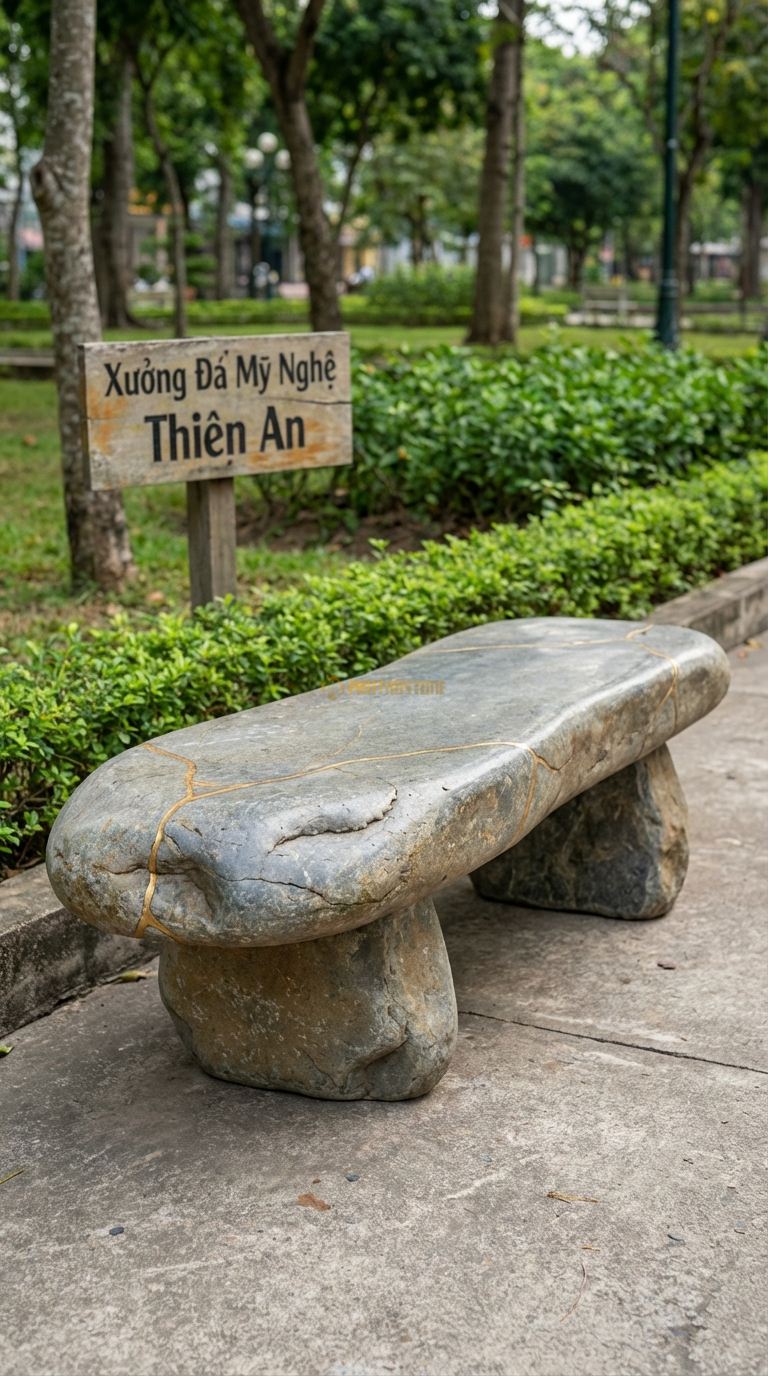Ghế đá Nứt Nghệ Thuật, Chất Liệu đá Cuội, Kiểu Dáng xử Lý Các Đường Nứt Tự Nhiên Thành Điểm Nhấn Thẩm Mỹ (Kintsugi) 140Cm x 50Cm x 45Cm. 140Cm x 50Cm x 45Cm