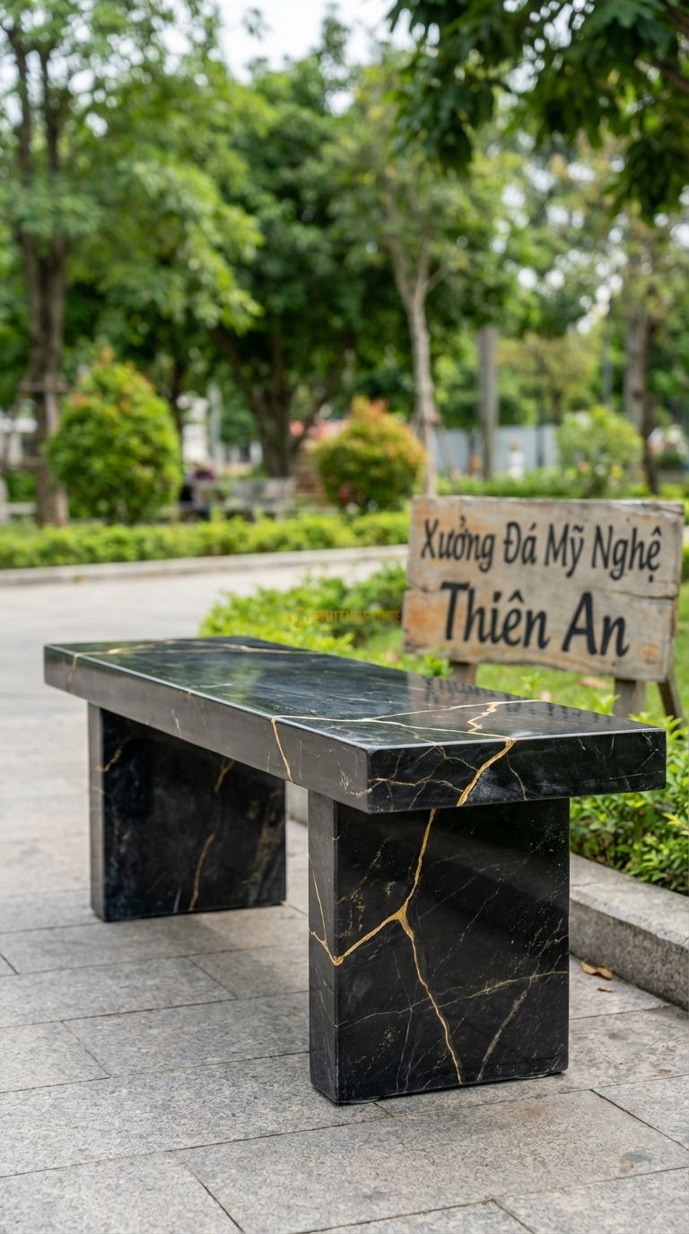 Ghế đá Nứt Nghệ Thuật, Chất Liệu đá Đen Chỉ Nâu, Kiểu Dáng xử Lý Các Đường Nứt Tự Nhiên Thành Điểm Nhấn Thẩm Mỹ (Kintsugi) 140Cm x 50Cm x 45Cm. 140Cm x 50Cm x 45Cm