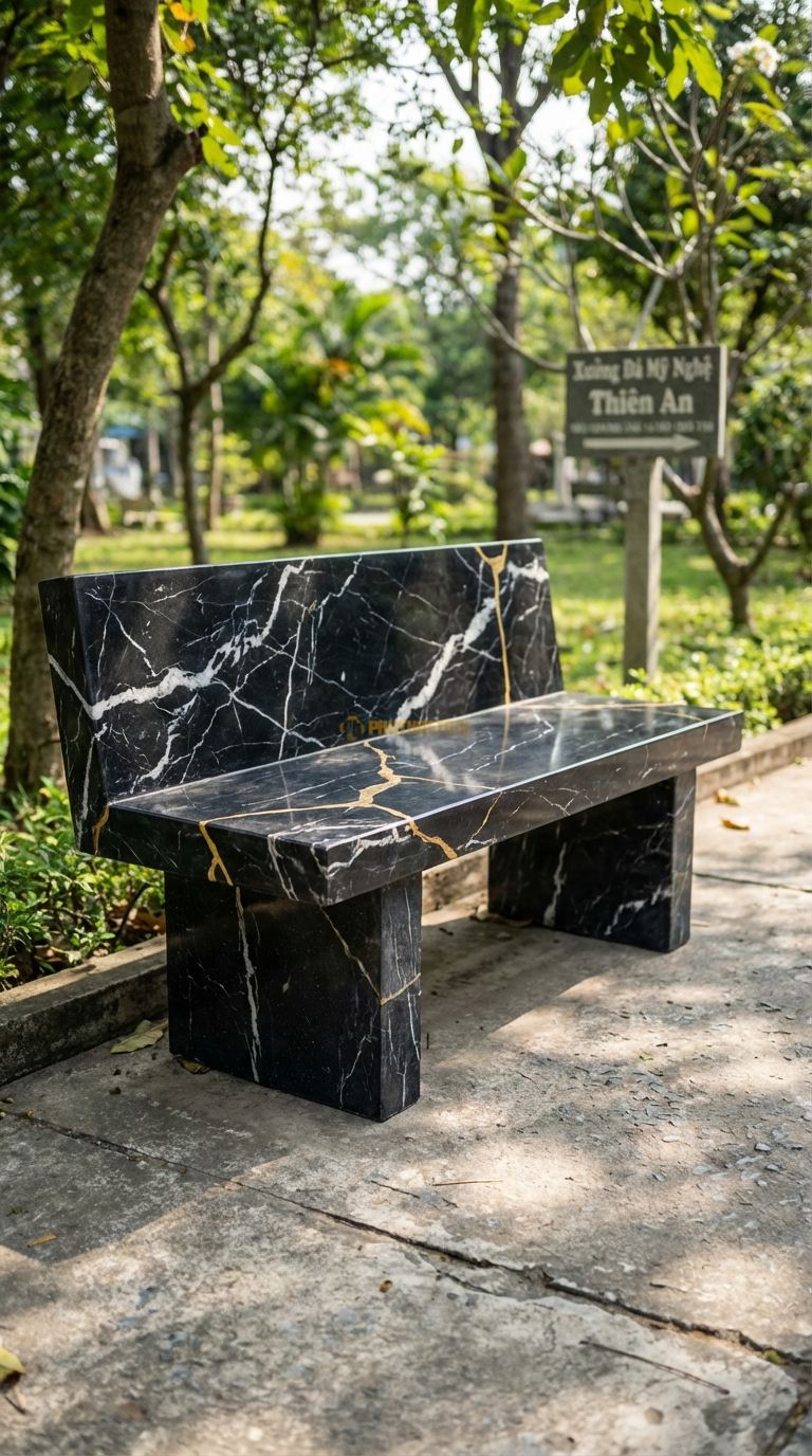 Ghế đá Nứt Nghệ Thuật, Chất Liệu đá Đen Tia Chớp, Kiểu Dáng xử Lý Các Đường Nứt Tự Nhiên Thành Điểm Nhấn Thẩm Mỹ (Kintsugi) 140Cm x 50Cm x 45Cm. 140Cm x 50Cm x 45Cm