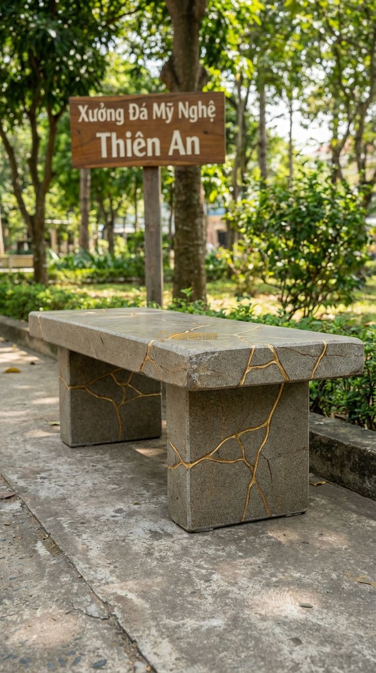 Ghế đá Nứt Nghệ Thuật, Chất Liệu đá Granite, Kiểu Dáng xử Lý Các Đường Nứt Tự Nhiên Thành Điểm Nhấn Thẩm Mỹ (Kintsugi) 140Cm x 50Cm x 45Cm. 140Cm x 50Cm x 45Cm