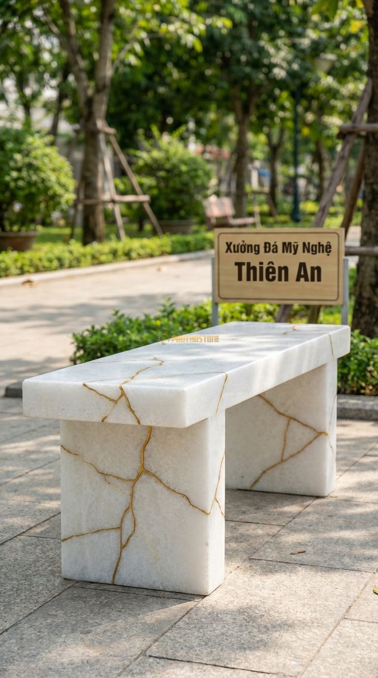 Ghế đá Nứt Nghệ Thuật, Chất Liệu đá Trắng Muối, Kiểu Dáng xử Lý Các Đường Nứt Tự Nhiên Thành Điểm Nhấn Thẩm Mỹ (Kintsugi) 140Cm x 50Cm x 45Cm. 140Cm x 50Cm x 45Cm
