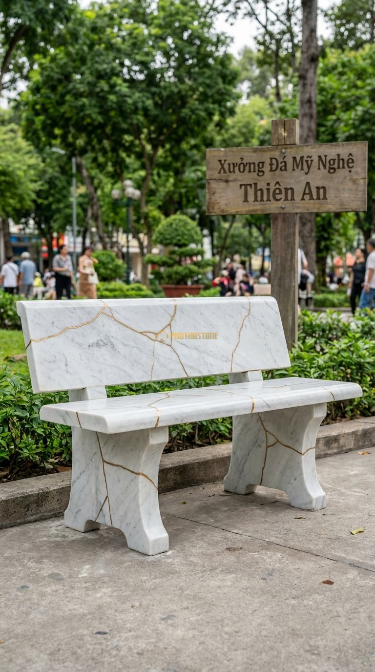 Ghế đá Nứt Nghệ Thuật, Chất Liệu đá Trắng Yên Bái, Kiểu Dáng xử Lý Các Đường Nứt Tự Nhiên Thành Điểm Nhấn Thẩm Mỹ (Kintsugi) 140Cm x 50Cm x 45Cm. 140Cm x 50Cm x 45Cm
