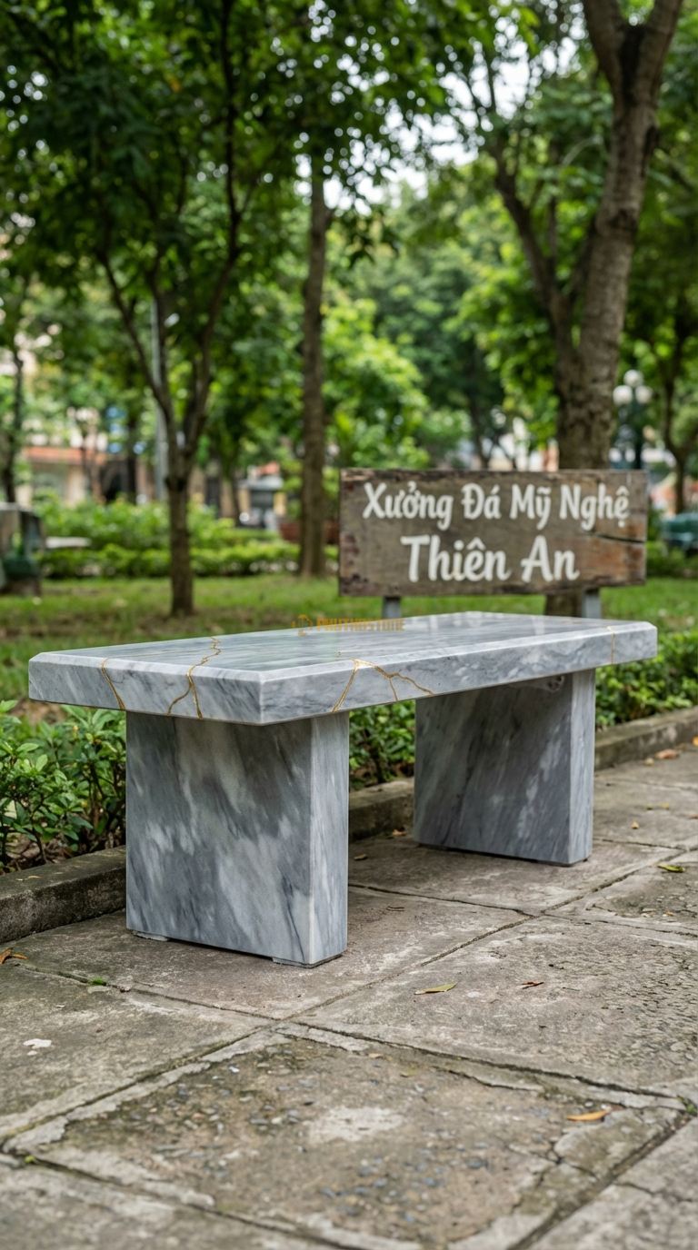 Ghế đá Nứt Nghệ Thuật, Chất Liệu đá Xám Vân Mây, Kiểu Dáng xử Lý Các Đường Nứt Tự Nhiên Thành Điểm Nhấn Thẩm Mỹ (Kintsugi) 140Cm x 50Cm x 45Cm. 140Cm x 50Cm x 45Cm