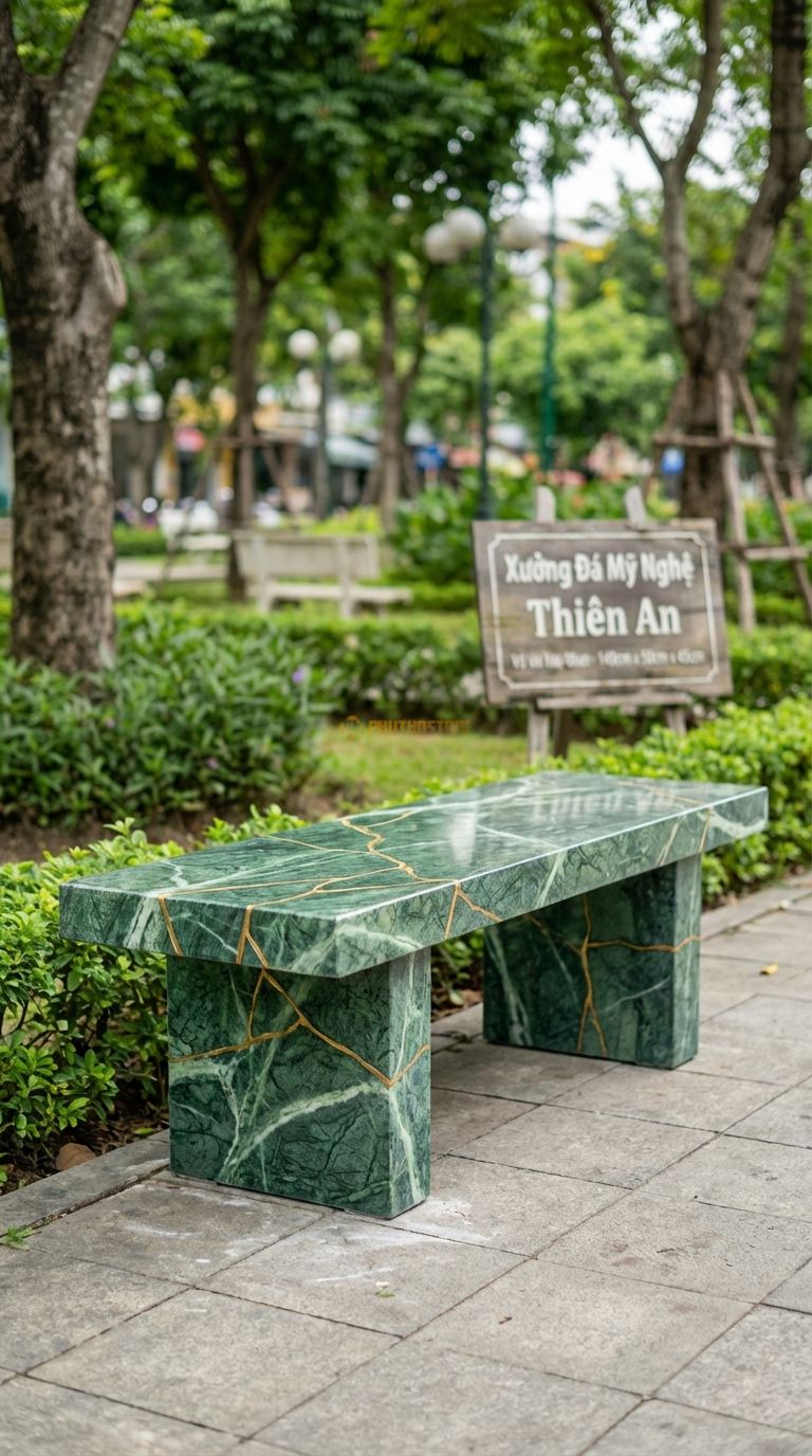 Ghế đá Nứt Nghệ Thuật, Chất Liệu đá Xanh Ấn, Kiểu Dáng xử Lý Các Đường Nứt Tự Nhiên Thành Điểm Nhấn Thẩm Mỹ (Kintsugi) 140Cm x 50Cm x 45Cm. 140Cm x 50Cm x 45Cm