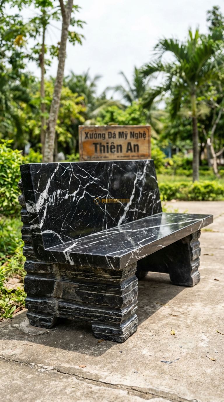 Ghế đá Trầm Tích, Chất Liệu đá Đen Tia Chớp, Kiểu Dáng giữ Nguyên Các Lớp Vân đá Xếp Chồng Lên Nhau Ở Mặt Hông 170Cm x 55Cm x 50Cm. 170Cm x 55Cm x 50Cm