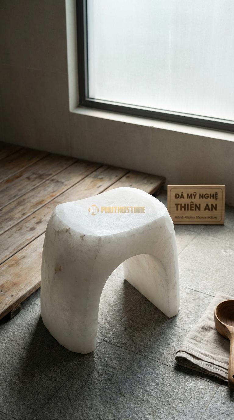 Ghế Đá Trắng Muối Đá Chân Cong Thiết Kế Hiện Đại Với Phần Chân Khoét Vòm 40cm x 30cm x H42cm
