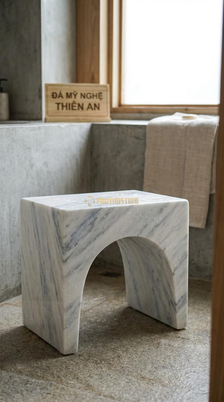 Ghế Đá Trắng Xanh Đá Chân Cong Thiết Kế Hiện Đại Với Phần Chân Khoét Vòm 40cm x 30cm x H42cm