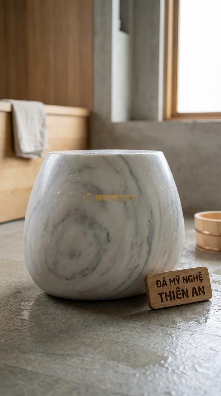 Ghế Đá Trắng Xanh Đá Hình Giọt Nước Đường Cong Mềm Mại, Thiết Kế Bất Đối Xứng 45cm x 35cm x H40cm