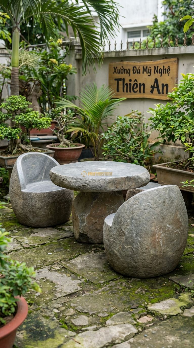 Ghế đá Tròn Có Tựa (Thùng), Chất Liệu đá Cẩm Thạch Xám, Kiểu Dáng dáng Ghế Như Một Nửa Chiếc Thùng Cắt Dọc, Tựa Lưng Cong Ôm Trọn Lưng. Đk Ghế: 70 Cm. Đk Ghế: 70 Cm.