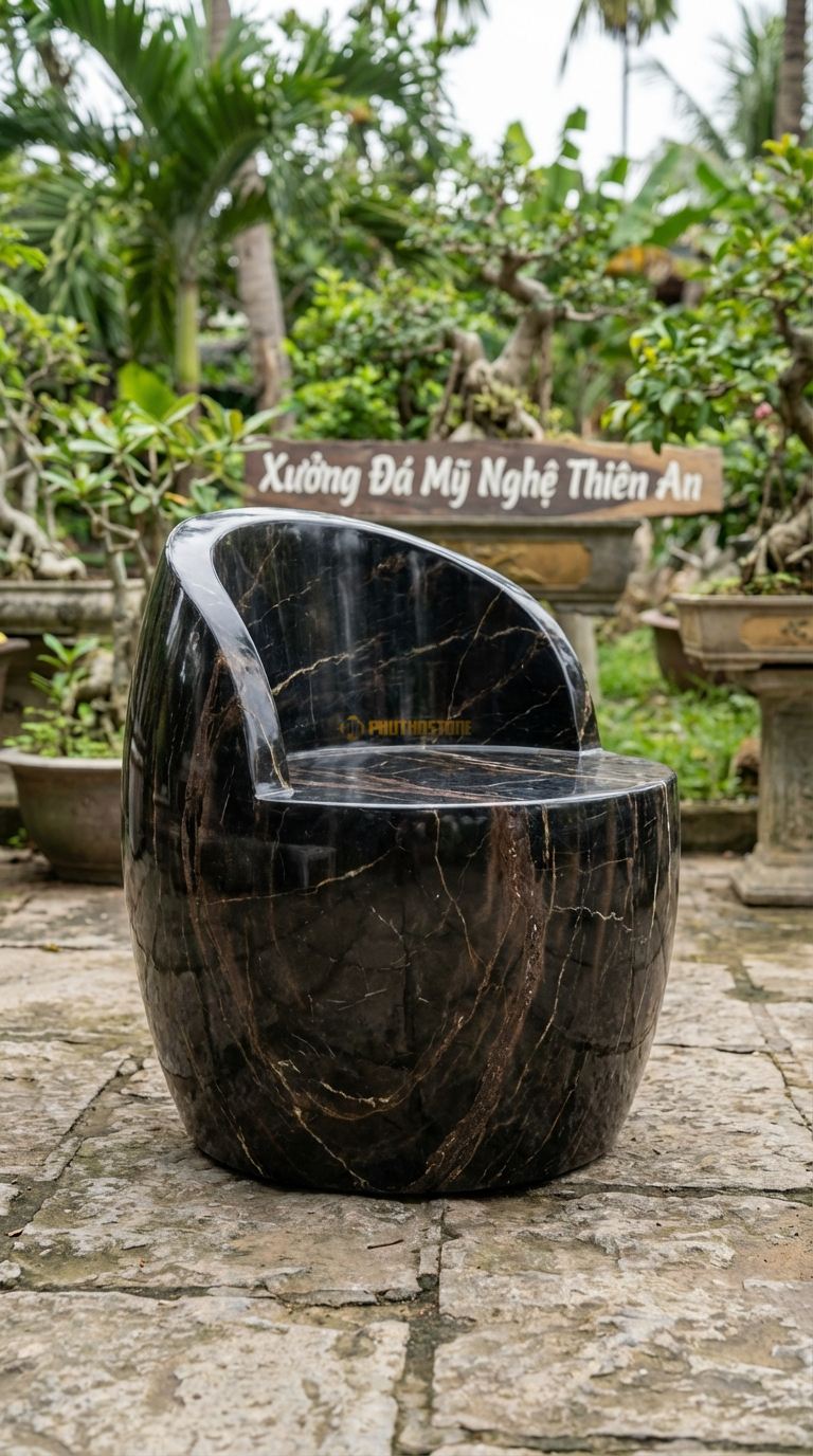 Ghế đá Tròn Có Tựa (Thùng), Chất Liệu đá Đen Chỉ Nâu, Kiểu Dáng dáng Ghế Như Một Nửa Chiếc Thùng Cắt Dọc, Tựa Lưng Cong Ôm Trọn Lưng. Đk Ghế: 70 Cm. Đk Ghế: 70 Cm.