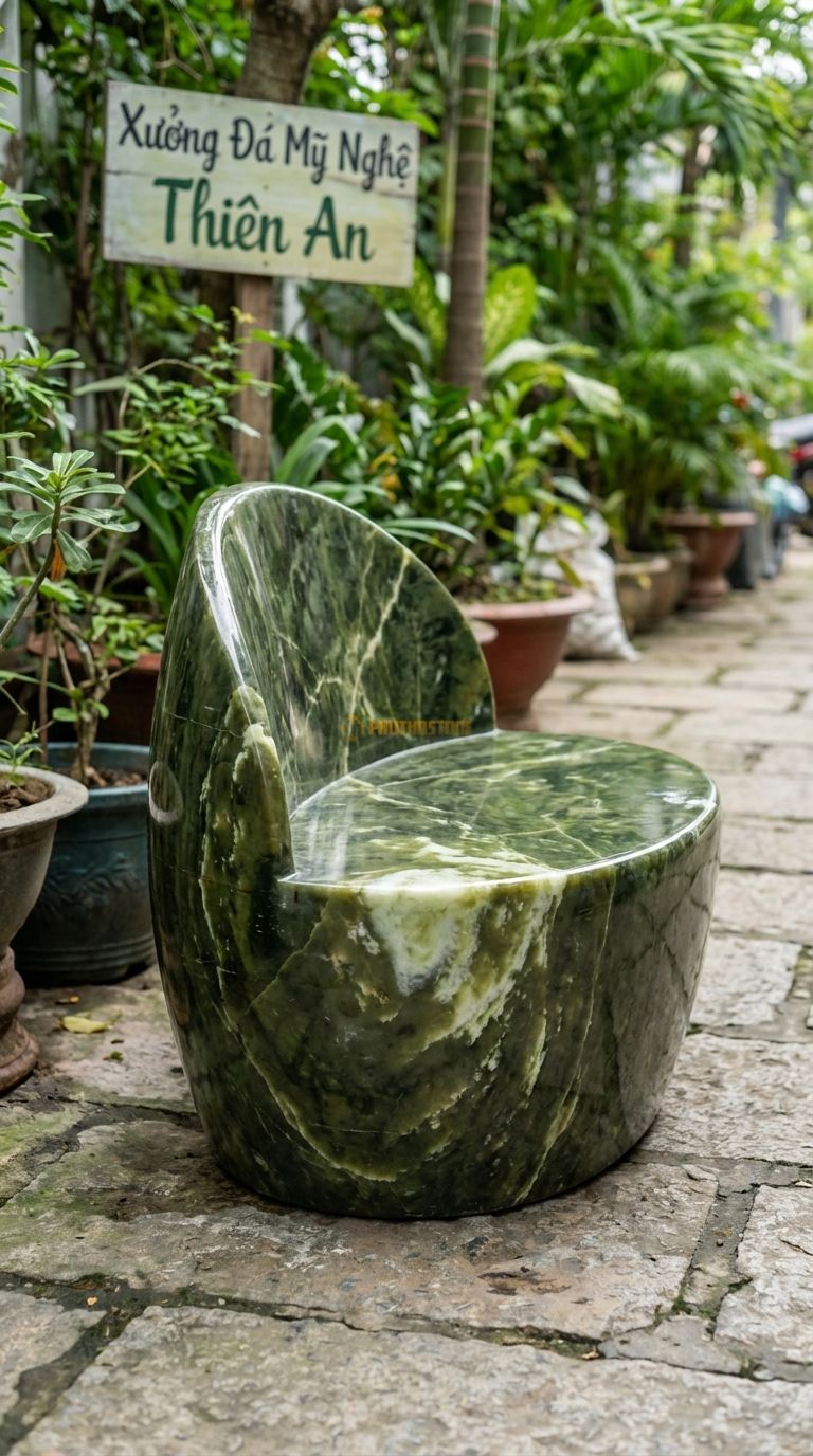 Ghế đá Tròn Có Tựa (Thùng), Chất Liệu đá Serpentine, Kiểu Dáng dáng Ghế Như Một Nửa Chiếc Thùng Cắt Dọc, Tựa Lưng Cong Ôm Trọn Lưng. Đk Ghế: 70 Cm. Đk Ghế: 70 Cm.