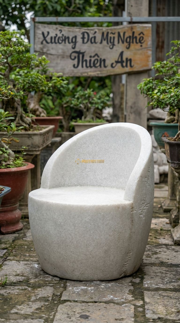 Ghế đá Tròn Có Tựa (Thùng), Chất Liệu đá Trắng Muối, Kiểu Dáng dáng Ghế Như Một Nửa Chiếc Thùng Cắt Dọc, Tựa Lưng Cong Ôm Trọn Lưng. Đk Ghế: 70 Cm. Đk Ghế: 70 Cm.