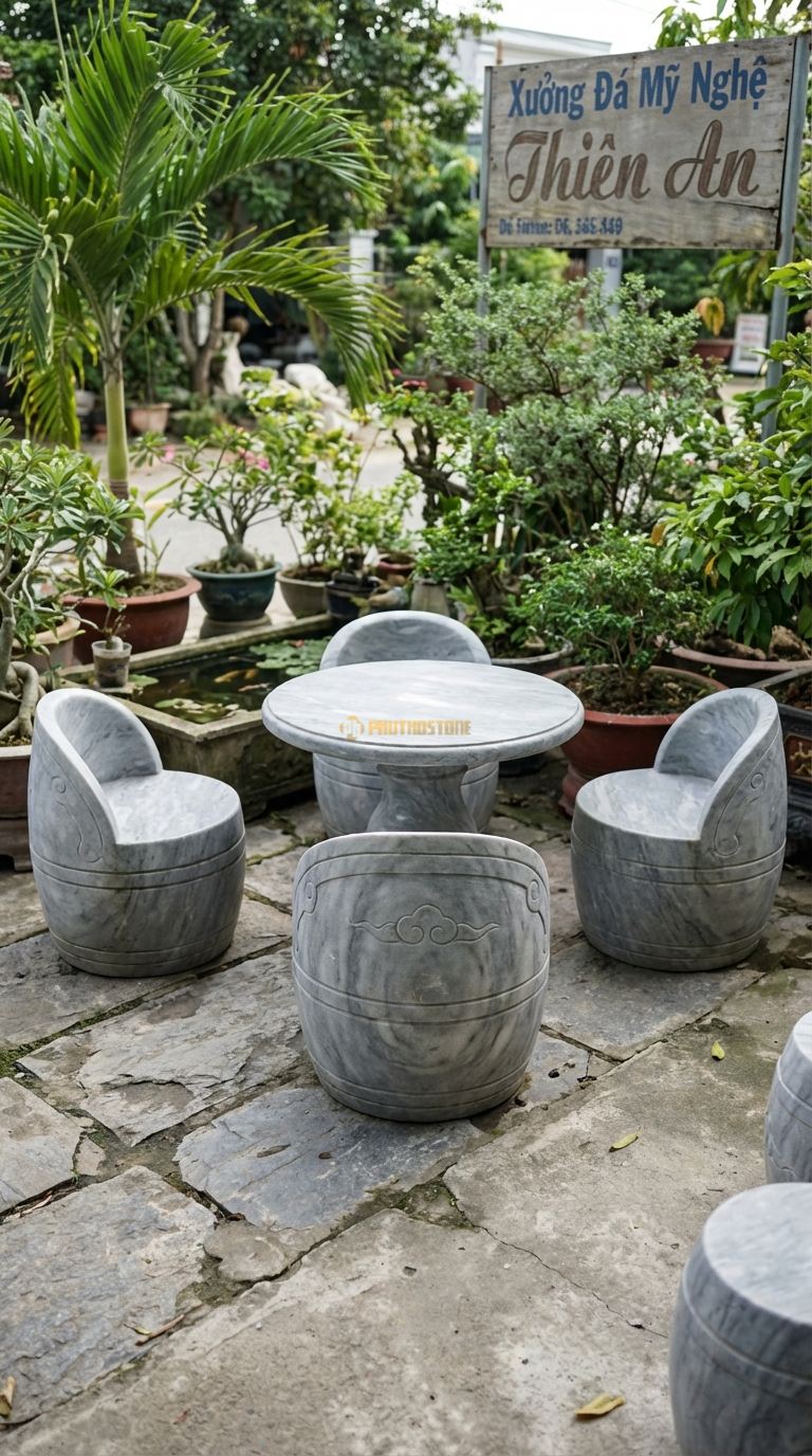 Ghế đá Tròn Có Tựa (Thùng), Chất Liệu đá Xám Vân Mây, Kiểu Dáng dáng Ghế Như Một Nửa Chiếc Thùng Cắt Dọc, Tựa Lưng Cong Ôm Trọn Lưng. Đk Ghế: 70 Cm. Đk Ghế: 70 Cm.
