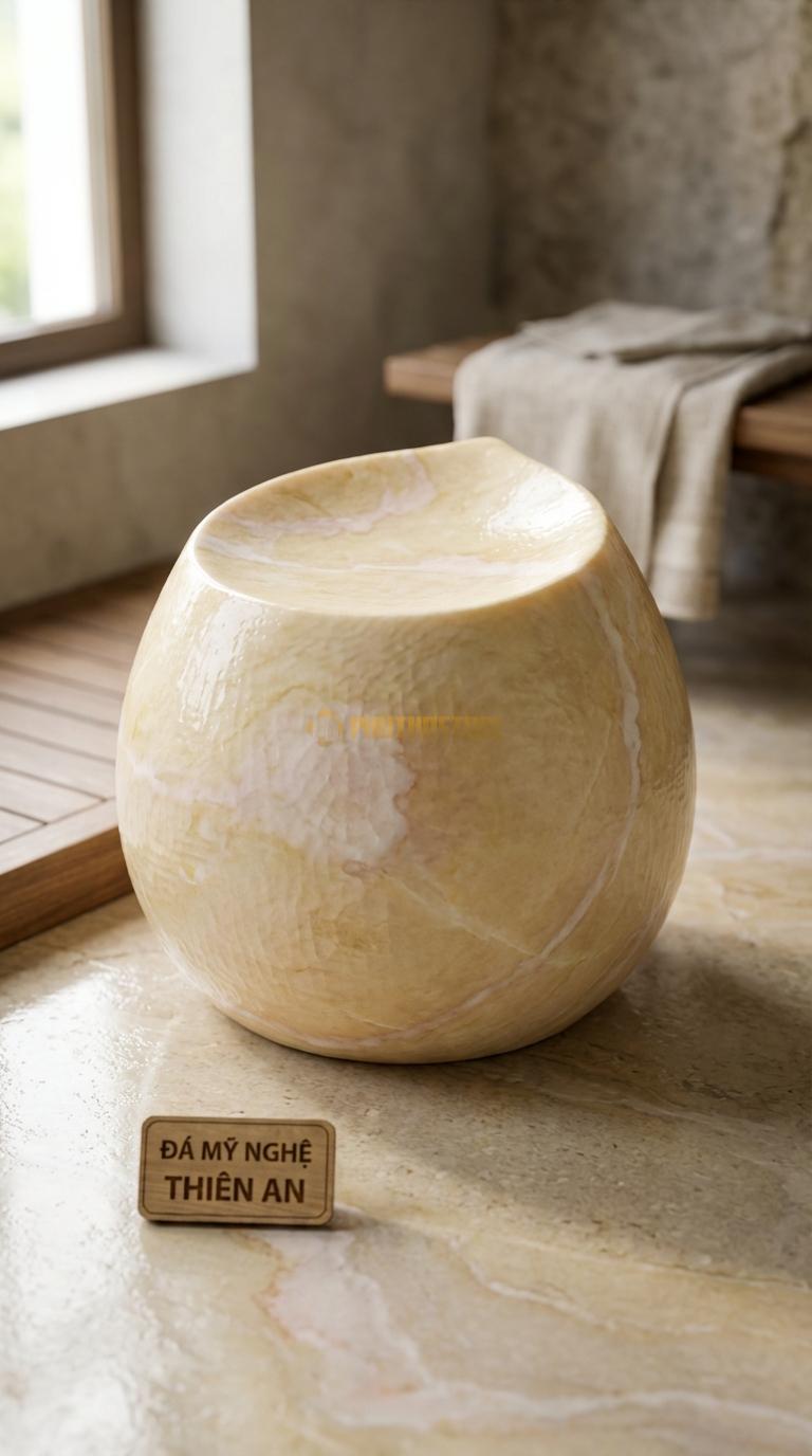 Ghế Đá Vàng Nghệ An Đá Hình Giọt Nước Đường Cong Mềm Mại, Thiết Kế Bất Đối Xứng 45cm x 35cm x H40cm