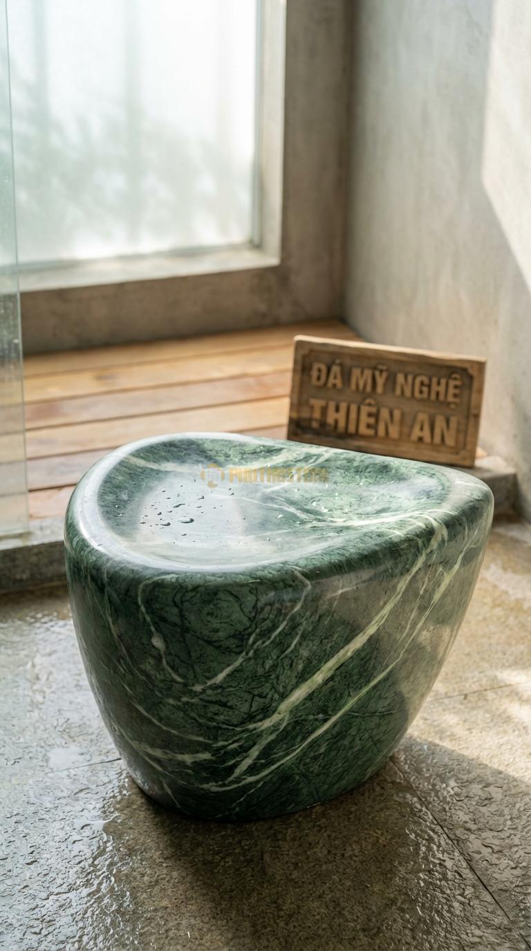 Ghế Đá Xanh Ấn Đá Hình Giọt Nước Đường Cong Mềm Mại, Thiết Kế Bất Đối Xứng 45cm x 35cm x H40cm