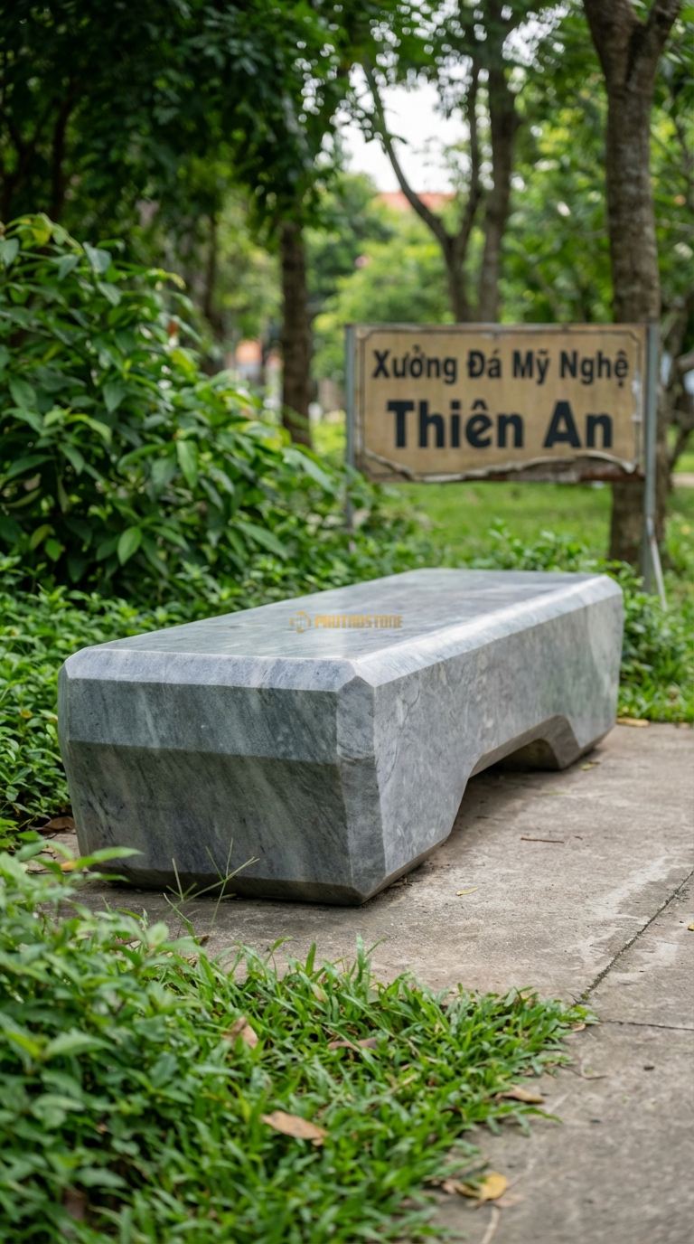 Ghế Dài Nguyên Khối Vát Cạnh, Chất Liệu đá Cẩm Thạch Xám, Kiểu Dáng cắt Vát Mạnh Mẽ, Hiện Đại Từ Một Khối đá Lớn 220Cm x 50Cm x 45Cm. 220Cm x 50Cm x 45Cm