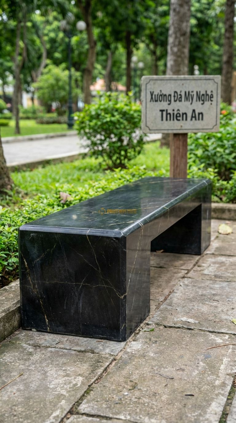 Ghế Dài Nguyên Khối Vát Cạnh, Chất Liệu đá Đen Chỉ Nâu, Kiểu Dáng cắt Vát Mạnh Mẽ, Hiện Đại Từ Một Khối đá Lớn 220Cm x 50Cm x 45Cm. 220Cm x 50Cm x 45Cm