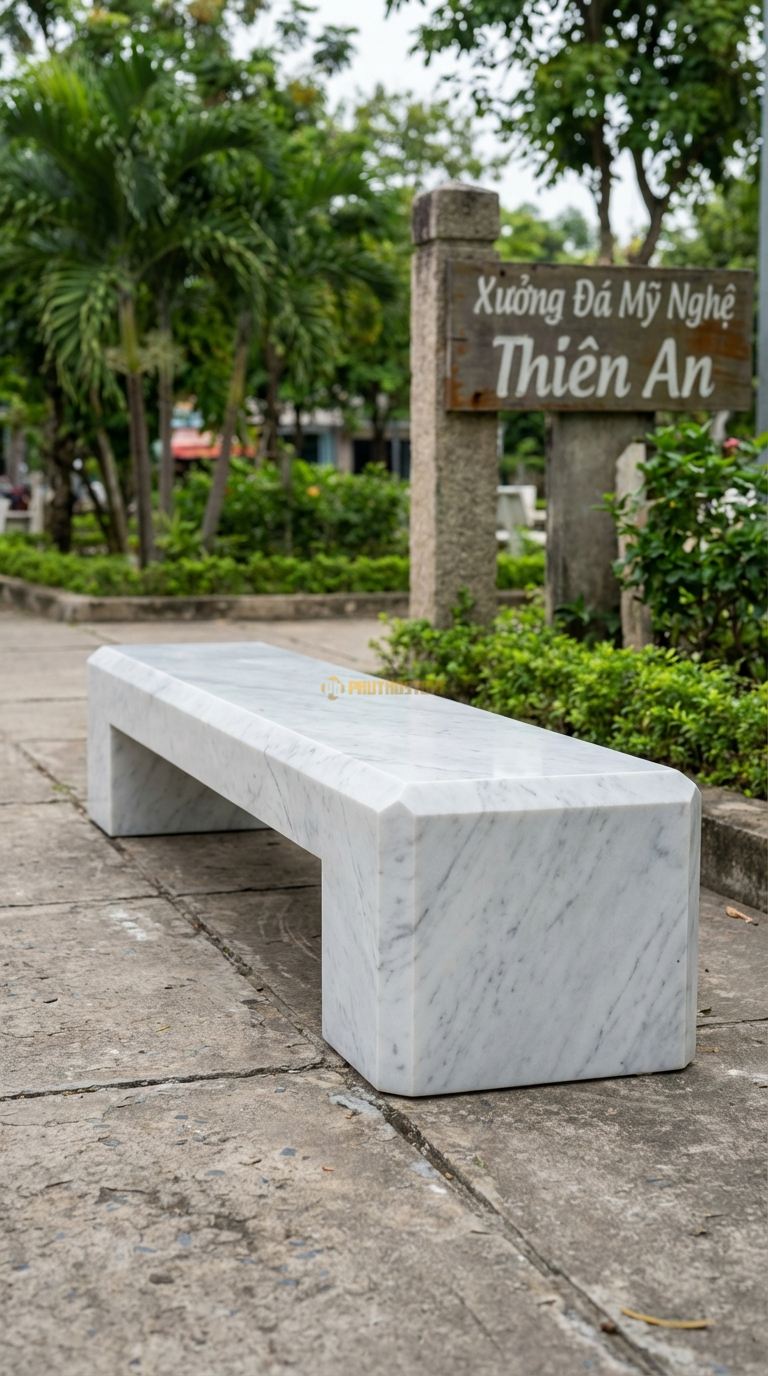 Ghế Dài Nguyên Khối Vát Cạnh, Chất Liệu đá Trắng Yên Bái, Kiểu Dáng cắt Vát Mạnh Mẽ, Hiện Đại Từ Một Khối đá Lớn 220Cm x 50Cm x 45Cm. 220Cm x 50Cm x 45Cm