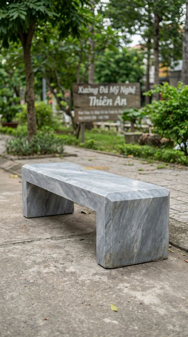 Ghế Dài Nguyên Khối Vát Cạnh, Chất Liệu đá Xám Vân Mây, Kiểu Dáng cắt Vát Mạnh Mẽ, Hiện Đại Từ Một Khối đá Lớn 220Cm x 50Cm x 45Cm. 220Cm x 50Cm x 45Cm