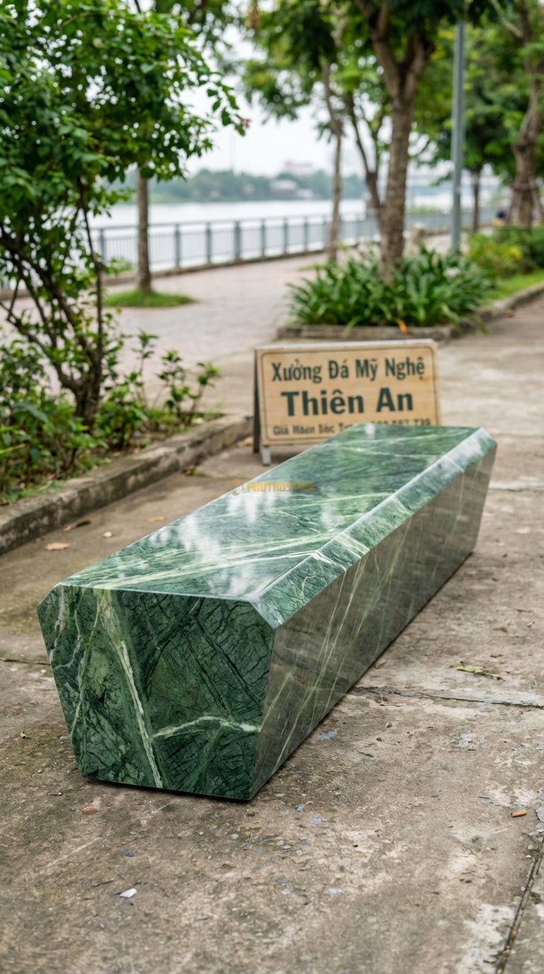 Ghế Dài Nguyên Khối Vát Cạnh, Chất Liệu đá Xanh Ấn, Kiểu Dáng cắt Vát Mạnh Mẽ, Hiện Đại Từ Một Khối đá Lớn 220Cm x 50Cm x 45Cm. 220Cm x 50Cm x 45Cm