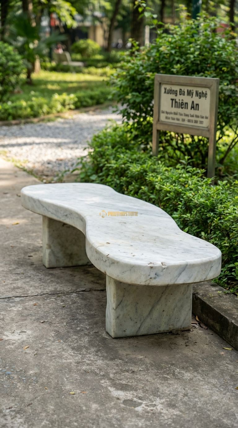 Ghế Nguyên Khối Dáng Suối, Chất Liệu đá Trắng Yên Bái, Kiểu Dáng hình Dáng Uốn Lượn Tự Nhiên Theo Thế đá , Bề Mặt Mài Nhẵn Dài 180Cm (Kích Thước Tự Nhiên). Dài 180Cm (Kích Thước Tự Nhiên)