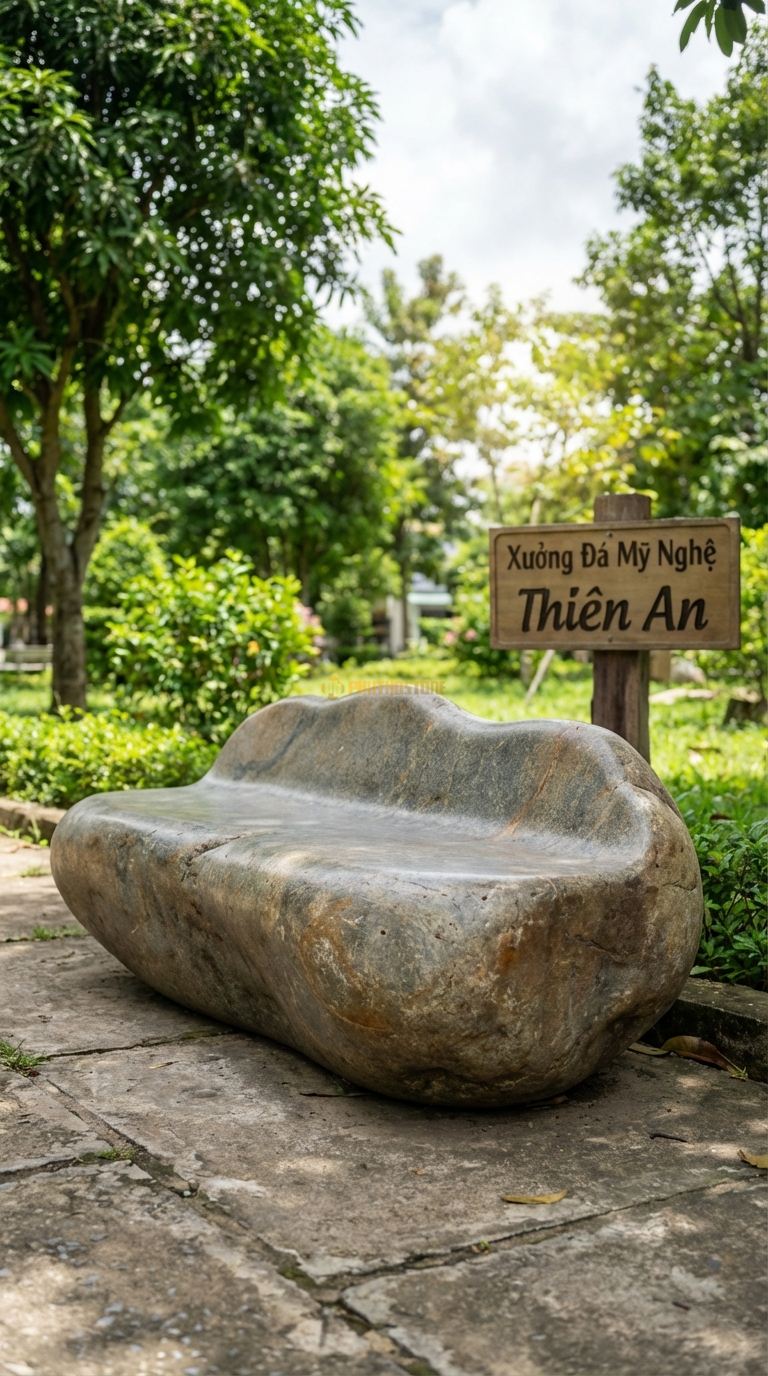 Ghế Nguyên Khối Tựa Thấp, Chất Liệu đá Cuội, Kiểu Dáng tảng đá Có Phần Gờ Tự Nhiên Nhô Lên Làm Tựa Lưng Thấp 160Cm x 65Cm x 60Cm. 160Cm x 65Cm x 60Cm
