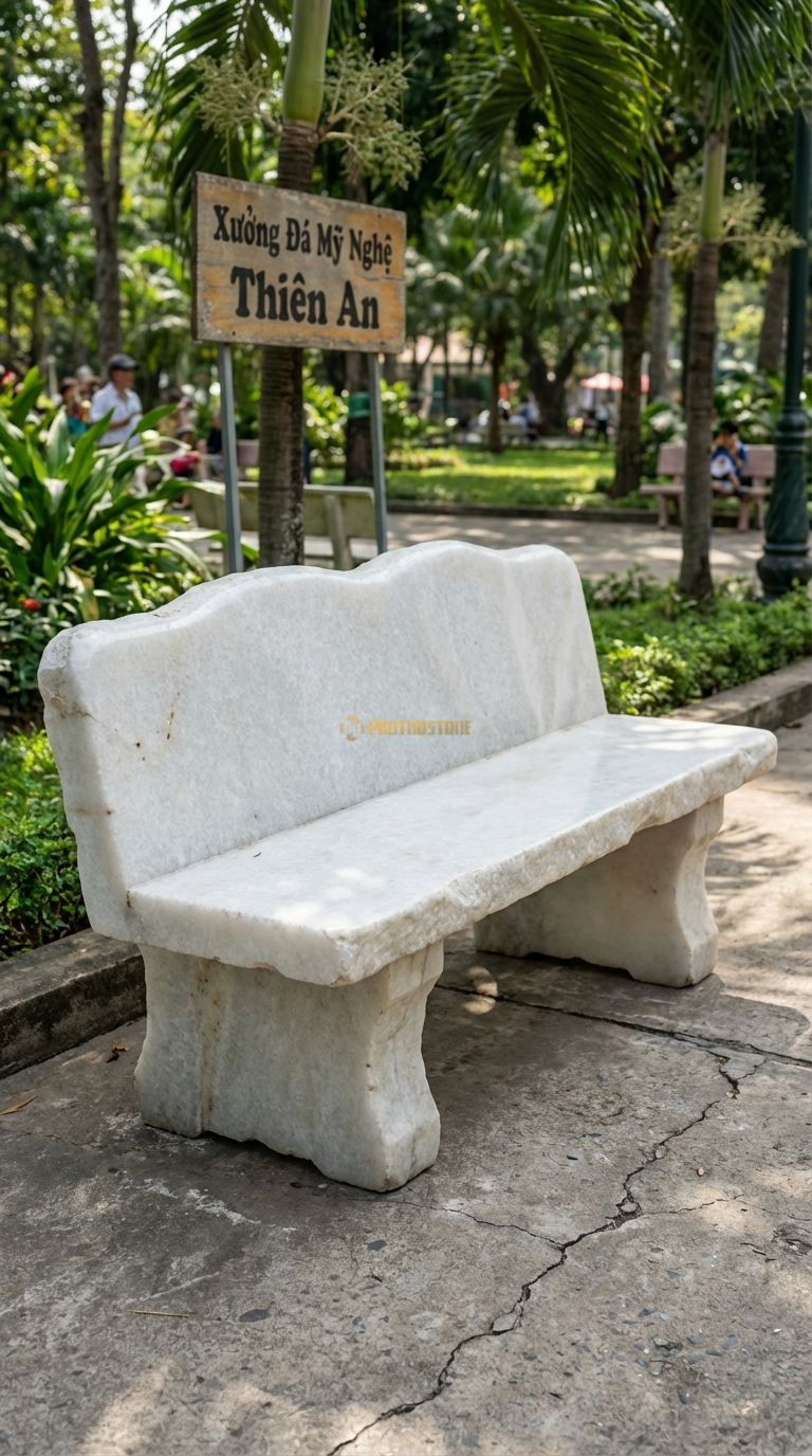 Ghế Nguyên Khối Tựa Thấp, Chất Liệu đá Trắng Muối, Kiểu Dáng tảng đá Có Phần Gờ Tự Nhiên Nhô Lên Làm Tựa Lưng Thấp 160Cm x 65Cm x 60Cm. 160Cm x 65Cm x 60Cm