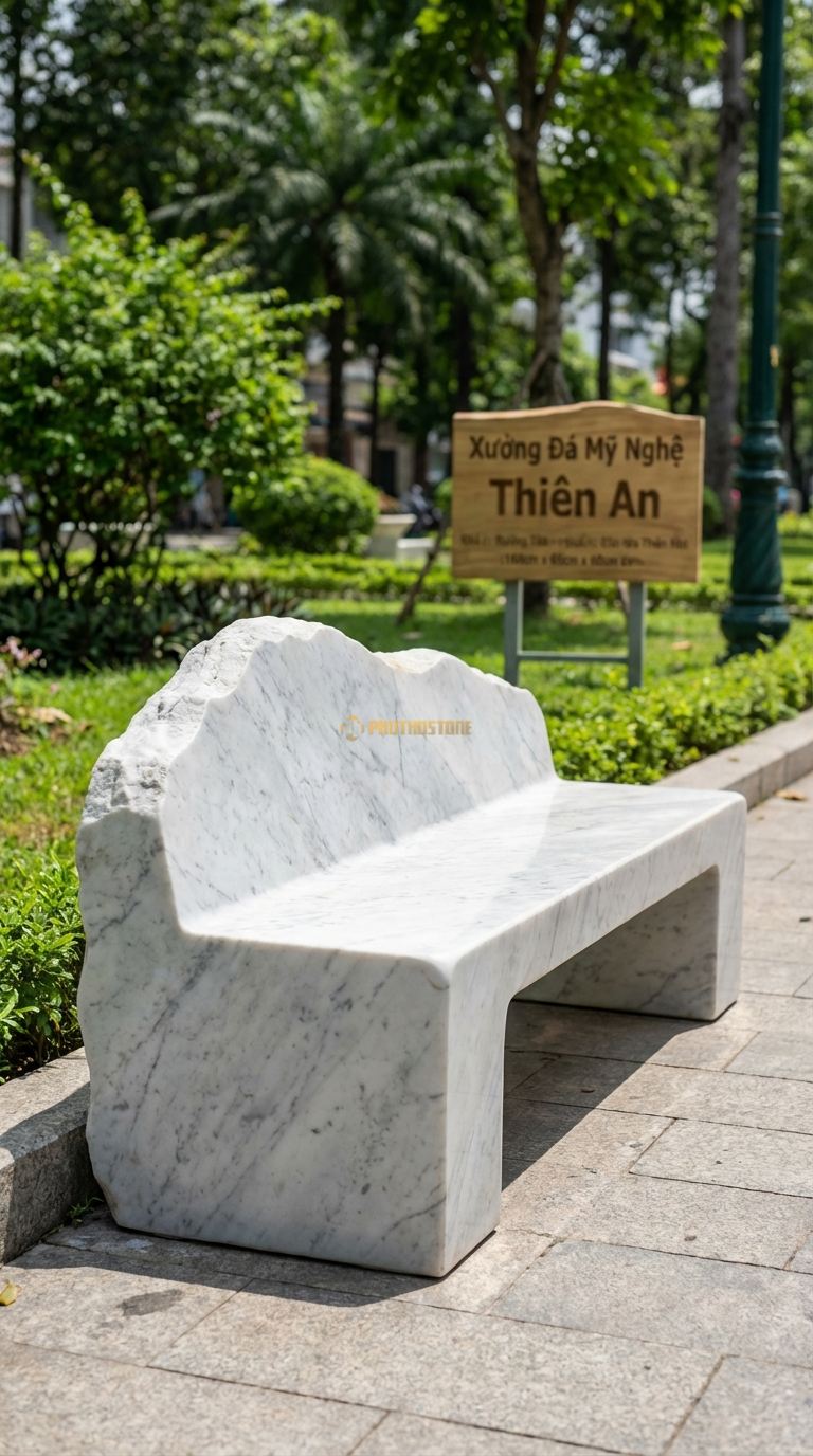 Ghế Nguyên Khối Tựa Thấp, Chất Liệu đá Trắng Yên Bái, Kiểu Dáng tảng đá Có Phần Gờ Tự Nhiên Nhô Lên Làm Tựa Lưng Thấp 160Cm x 65Cm x 60Cm. 160Cm x 65Cm x 60Cm