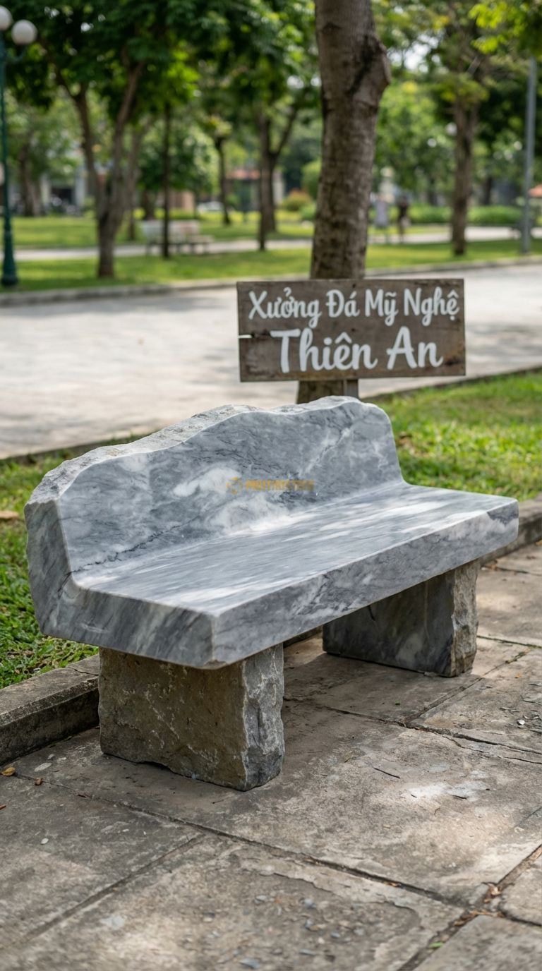 Ghế Nguyên Khối Tựa Thấp, Chất Liệu đá Xám Vân Mây, Kiểu Dáng tảng đá Có Phần Gờ Tự Nhiên Nhô Lên Làm Tựa Lưng Thấp 160Cm x 65Cm x 60Cm. 160Cm x 65Cm x 60Cm