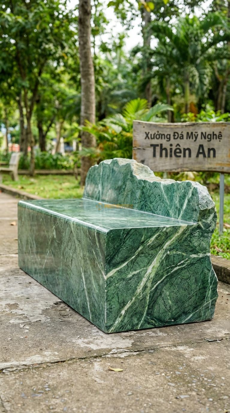Ghế Nguyên Khối Tựa Thấp, Chất Liệu đá Xanh Ấn, Kiểu Dáng tảng đá Có Phần Gờ Tự Nhiên Nhô Lên Làm Tựa Lưng Thấp 160Cm x 65Cm x 60Cm. 160Cm x 65Cm x 60Cm