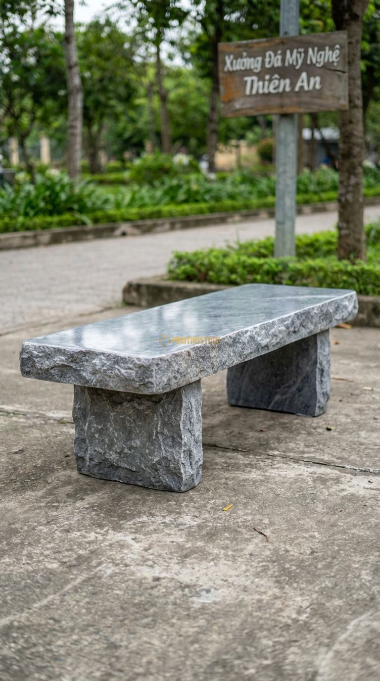 Ghế Nguyên Khối Vỏ Sần, Chất Liệu đá Cẩm Thạch Xám, Kiểu Dáng mặt Ngồi Mài Bóng, Xung Quanh Giữ Nguyên Lớp Vỏ đá Thô Ráp 150Cm x 60Cm x 45Cm. 150Cm x 60Cm x 45Cm