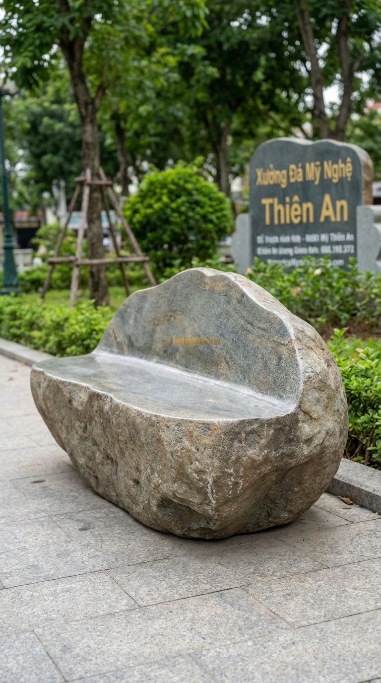 Ghế Nguyên Khối Vỏ Sần, Chất Liệu đá Cuội, Kiểu Dáng mặt Ngồi Mài Bóng, Xung Quanh Giữ Nguyên Lớp Vỏ đá Thô Ráp 150Cm x 60Cm x 45Cm. 150Cm x 60Cm x 45Cm
