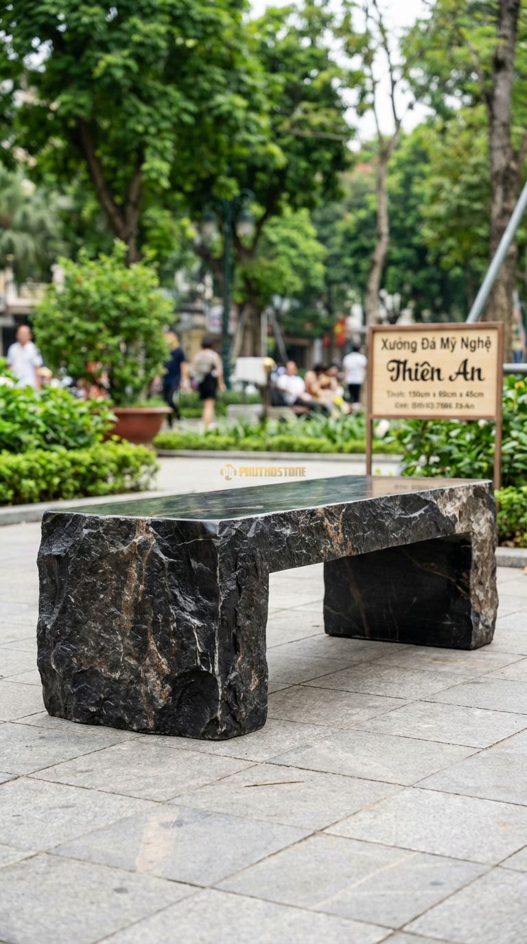 Ghế Nguyên Khối Vỏ Sần, Chất Liệu đá Đen Chỉ Nâu, Kiểu Dáng mặt Ngồi Mài Bóng, Xung Quanh Giữ Nguyên Lớp Vỏ đá Thô Ráp 150Cm x 60Cm x 45Cm. 150Cm x 60Cm x 45Cm