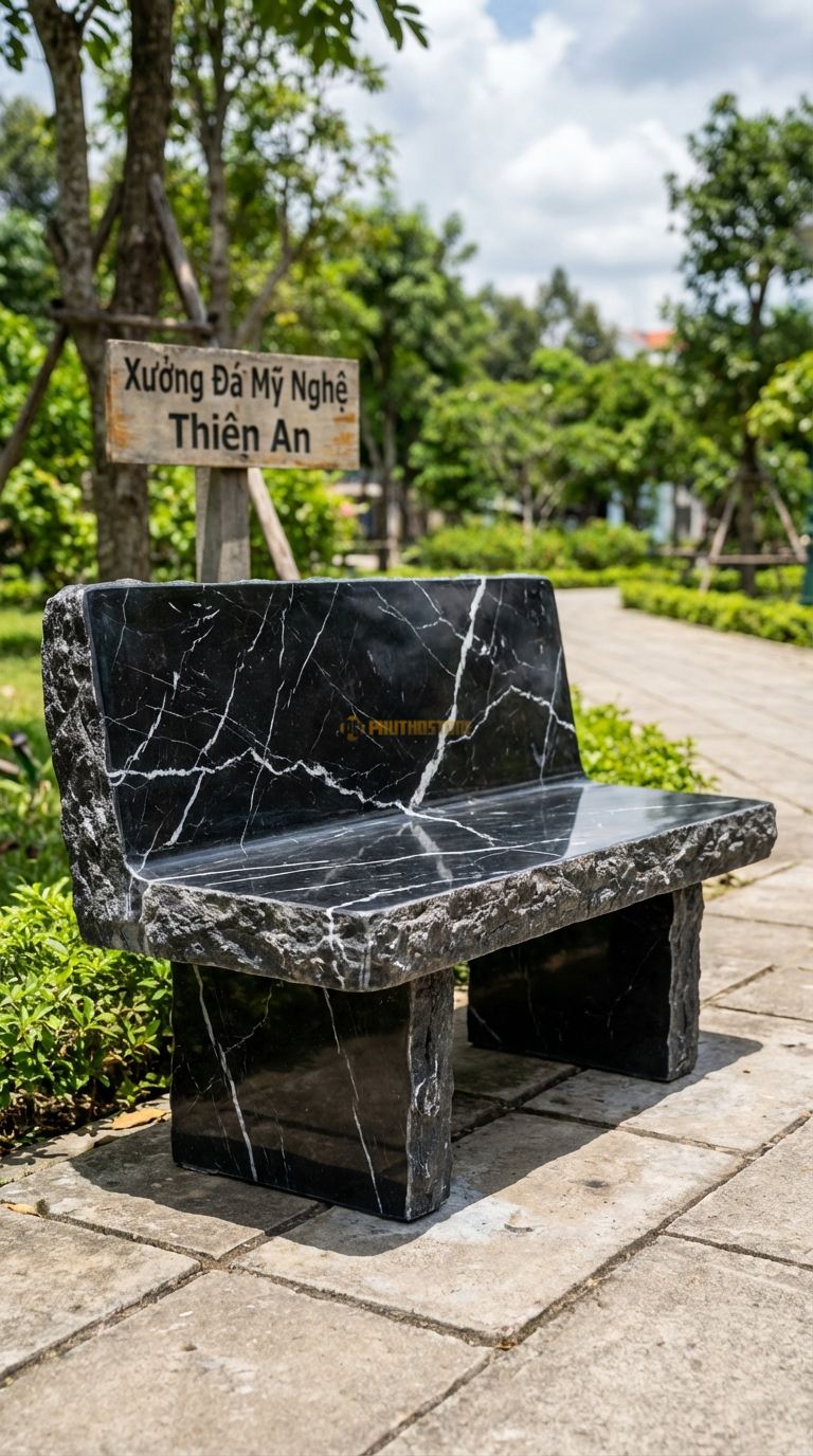 Ghế Nguyên Khối Vỏ Sần, Chất Liệu đá Đen Tia Chớp, Kiểu Dáng mặt Ngồi Mài Bóng, Xung Quanh Giữ Nguyên Lớp Vỏ đá Thô Ráp 150Cm x 60Cm x 45Cm. 150Cm x 60Cm x 45Cm