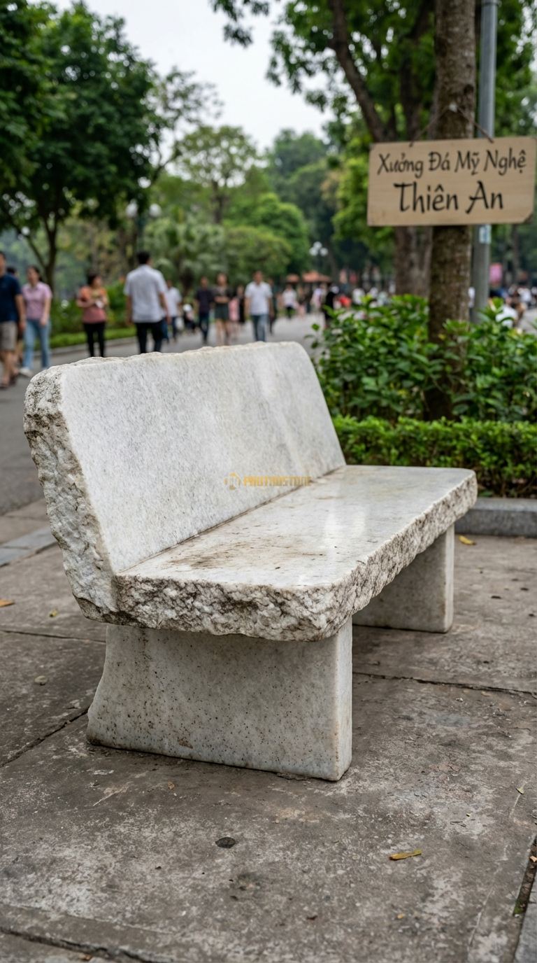 Ghế Nguyên Khối Vỏ Sần, Chất Liệu đá Trắng Muối, Kiểu Dáng mặt Ngồi Mài Bóng, Xung Quanh Giữ Nguyên Lớp Vỏ đá Thô Ráp 150Cm x 60Cm x 45Cm. 150Cm x 60Cm x 45Cm