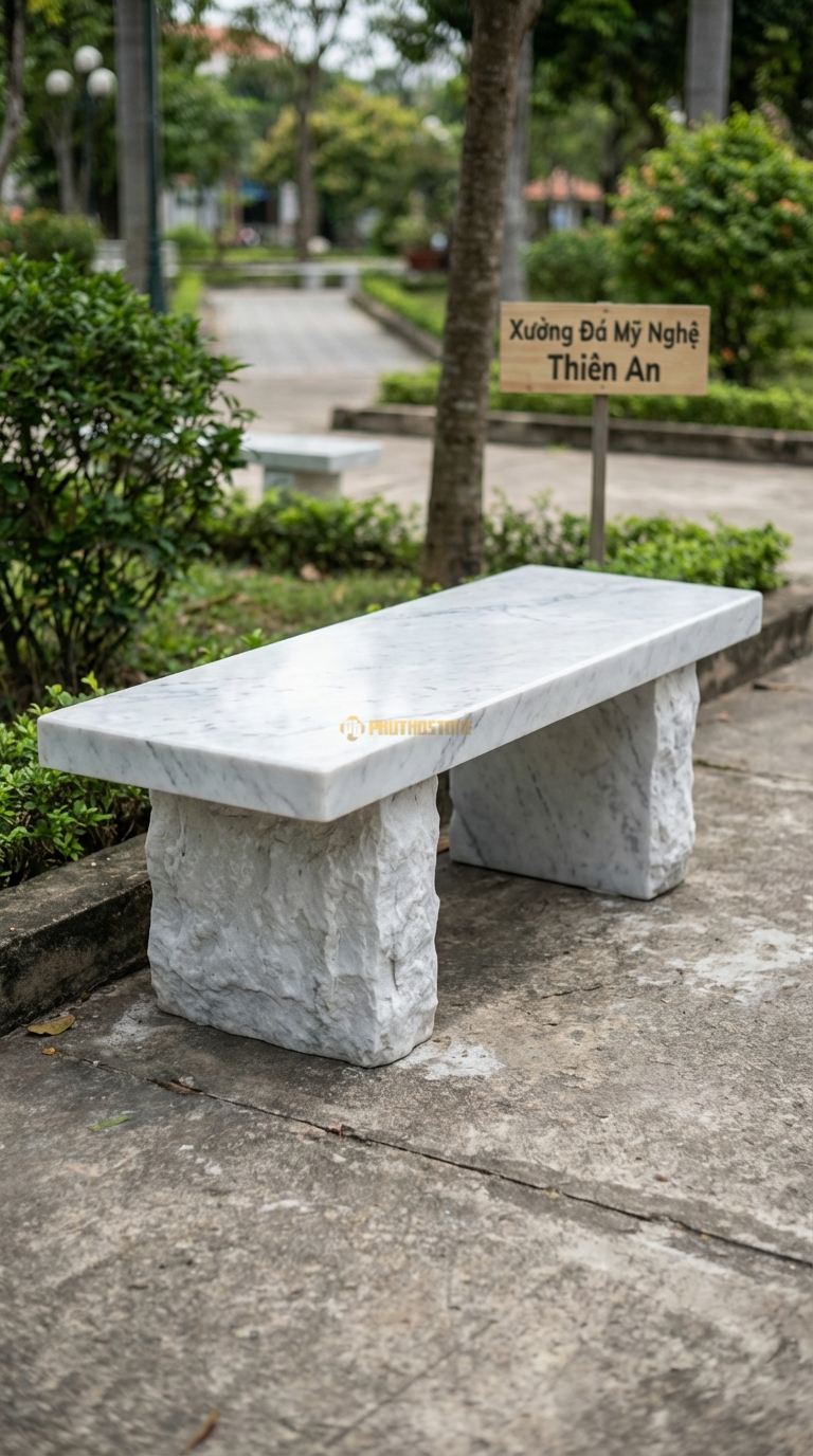Ghế Nguyên Khối Vỏ Sần, Chất Liệu đá Trắng Yên Bái, Kiểu Dáng mặt Ngồi Mài Bóng, Xung Quanh Giữ Nguyên Lớp Vỏ đá Thô Ráp 150Cm x 60Cm x 45Cm. 150Cm x 60Cm x 45Cm