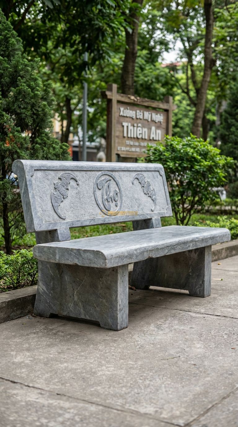 Ghế Tựa Chữ Thọ Tròn, Chất Liệu đá Cẩm Thạch Xám, Kiểu Dáng khắc Chữ “Thọ” Tròn Ở Chính Giữa Lưng, Hai Bên Là Hoa Văn Dơi (Phúc) 120Cm x 50Cm x 90Cm. 120Cm x 50Cm x 90Cm