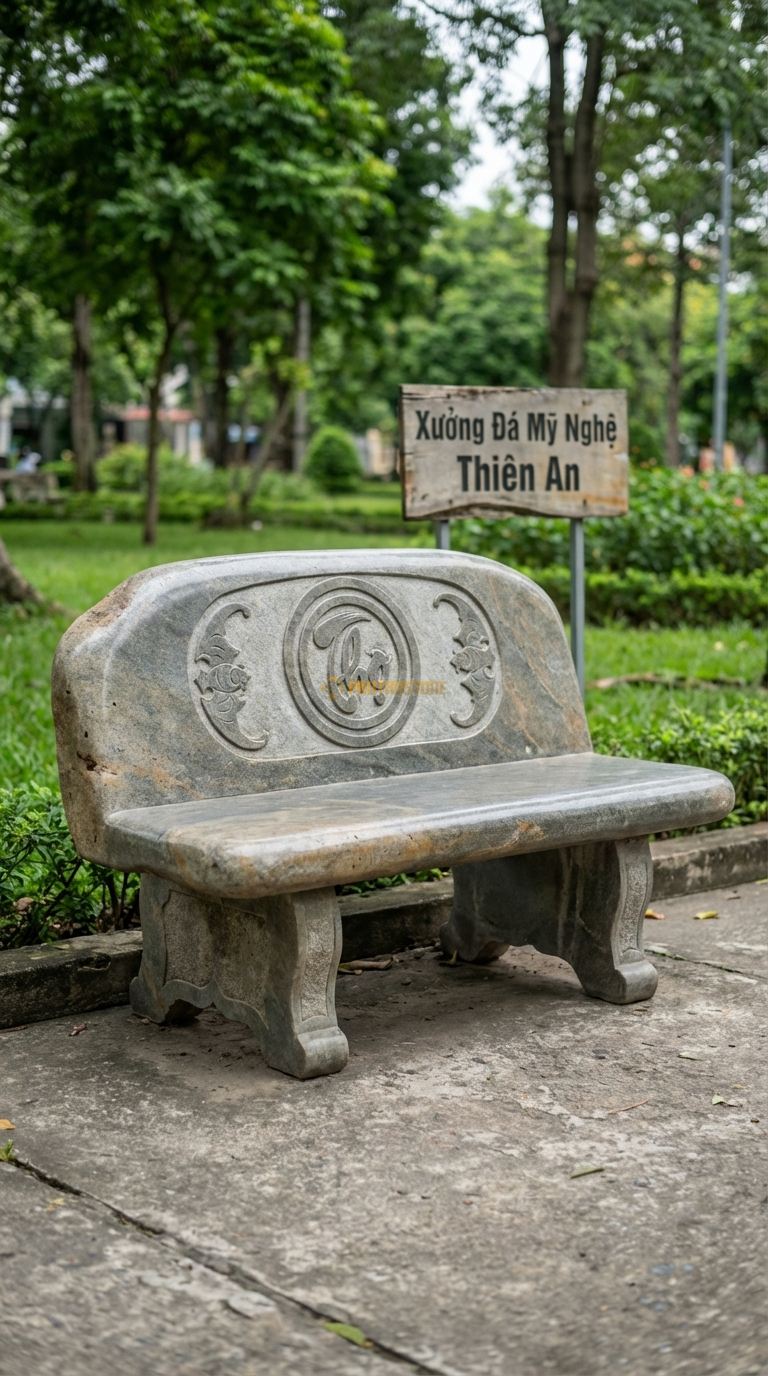 Ghế Tựa Chữ Thọ Tròn, Chất Liệu đá Cuội, Kiểu Dáng khắc Chữ “Thọ” Tròn Ở Chính Giữa Lưng, Hai Bên Là Hoa Văn Dơi (Phúc) 120Cm x 50Cm x 90Cm. 120Cm x 50Cm x 90Cm